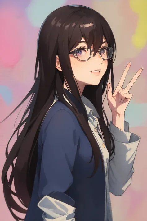 Full body, a woman with freckles, dark brown eyes, and an upturned nose, she is happy, with one peace sign hand, she has long wavy black hair, wearing aviator sunglasses with clear lenses in a soft watercolor style. The girl must be in pink, purple, and bl...