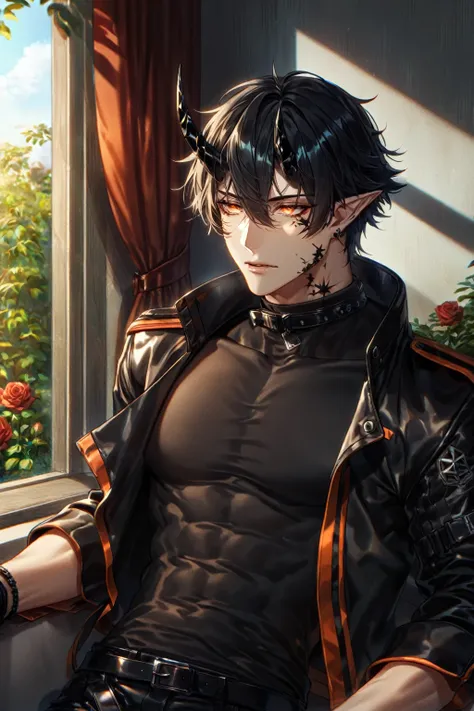 absurdres, highres, ultra detailed, HDR) master piece, best quality, extremely detailed, detailed face, detailed eyes, delicated features, Flamebringer, black hair, expressive orange eyes, Arknights, solo, sexy man, handsome, toned, sensual, black horns, s...