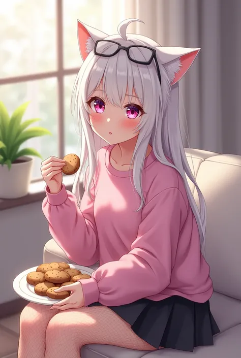 that she has a shy face that she has white hair, cat ears, black glasses, pink eyes, a super blushed pink sweatshirt, a low skirt, black shorts, black mesh stockings that she is a super reserved girl sitting eating cookies