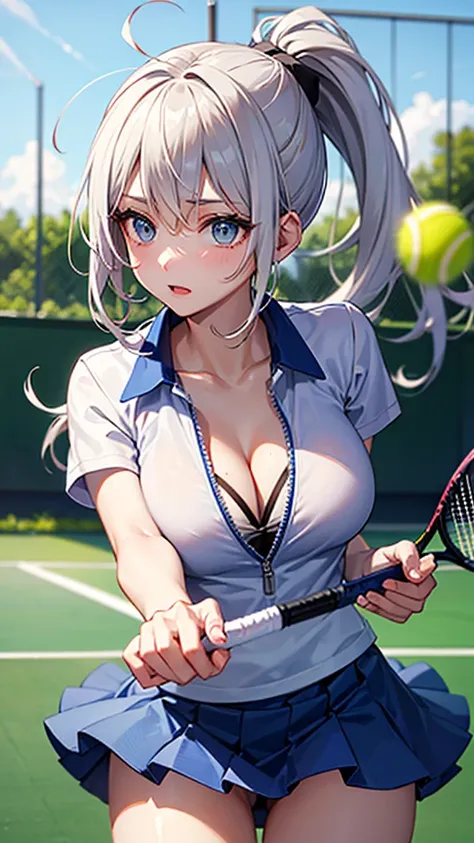 (masterpiece、Highest quality、))、beautiful detailed eyes 、ultra-detailed、 , Gray Hair、Ahoge、Long Hair, Blue eyes、ponytail 、big breasts、blurry background、bashful、pinup, play tennis, (swing tennis racket:1.1), wear tennis uniform, in Tennis court, (moving:1.2...