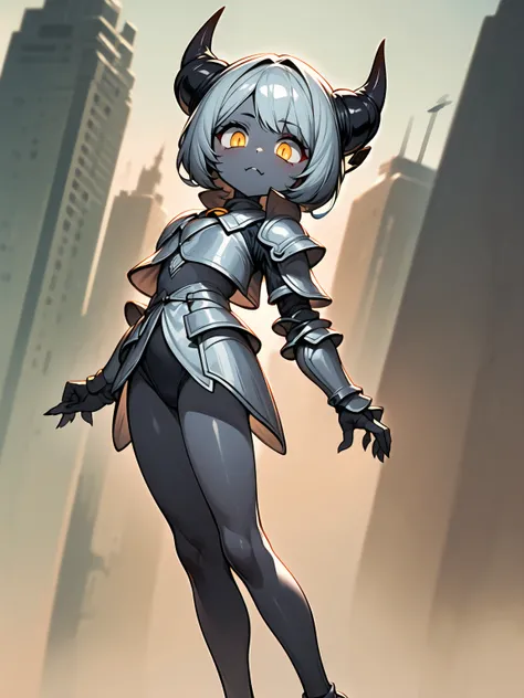 (((Masterpiece, best quality, 16k))) female character with short blue hair and glowing yellow eyes. She wears a futuristic armor in metallic silver, red, and black. wields dual energy swords. The character has a confident expression, with a high-tech citys...