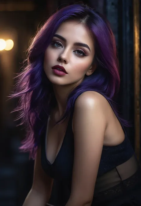 sexy girl, long purple hair,posing on the street in Brussels, dressed in jeans and a very tight black tank top, marked nipples,,(best quality, 4k, 8k, high resolution, masterpiece: 1.2), ultra-detailed, (realistic, photorealistic, photorealistic: 1.37), de...