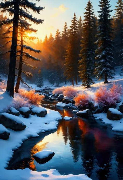 "Create an award-winning, masterpiece painting of a snowy landscape bathed in the warm light of golden hour. The soft glow of sunrise or sunset casts a gentle warmth over the snow, creating long, contrasting shadows against the cooler tones of the snow and...