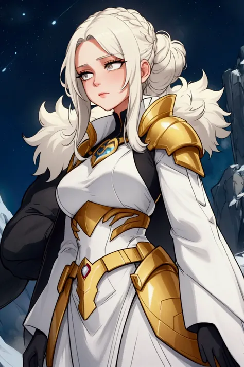 She has short, not very long, platinum blonde hair., with locks that frame her face, and golden eyes that shine with a warm and encouraging light. He wears light armor in shades of gold and white., which symbolizes purity and hope. His main weapon is a lig...