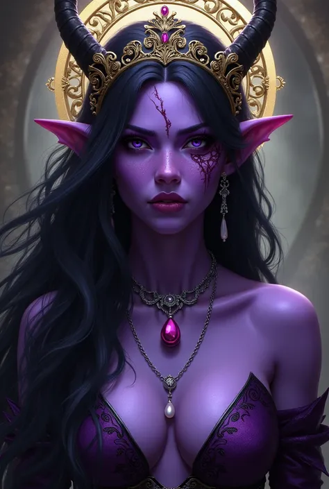 Fazer imagem de uma personagem tiefling feiticeira de d&d, purple skin, with a scar on her face, longye hair, purples eyes, macabre aureate and a silver necklace with a small pink pearl inside it