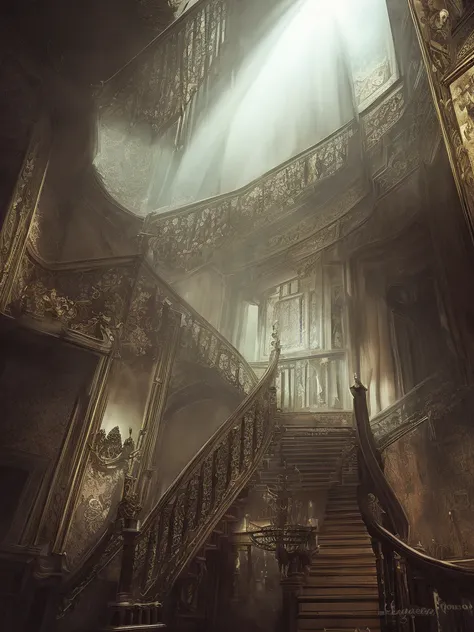 A staircase in a dark mansion victorian style, soft eerie light, insidious movie vibes, high chaos, intricate work by Johan Grenier style, Alyssa Monks style