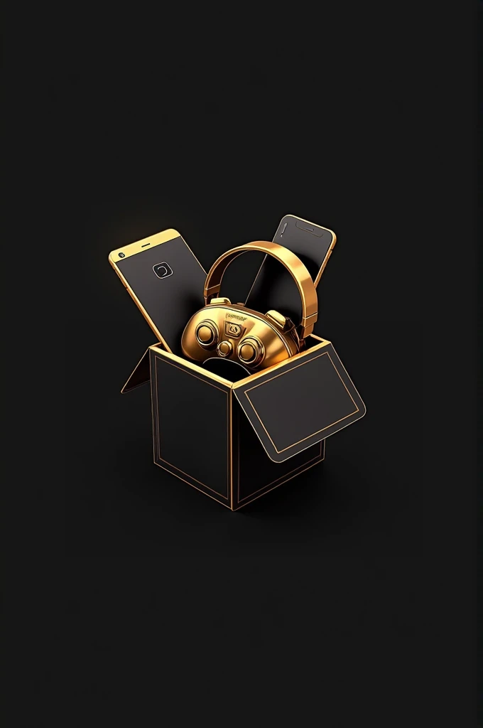 Logo for accessories store, coming out of a gift box a video game, a cell phone and a headset in black and gold 