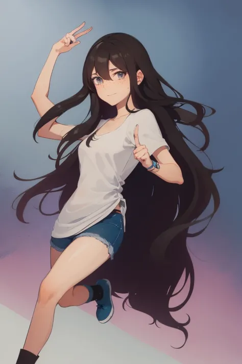 Full body, a woman with freckles, dark brown eyes, and an upturned nose, she is happy, with one peace sign hand, she has long wavy black hair, wearing aviator sunglasses with clear lenses in a soft watercolor style. The girl must be in pink, purple, and bl...