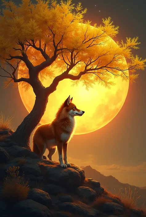 Background image of the setting sun, in front a yellow ipe, below the ipe a maned wolf the whole image in mandala format
