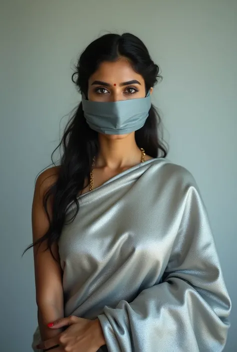 Aesthetic Indian Girl blindfolded gray Duct tape gagged in silver shimmering saree Taking selfie 