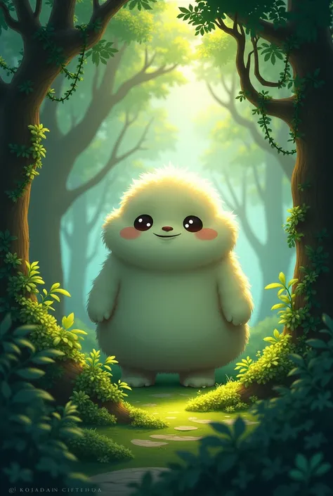 In the middle of a beautiful green forest、Illustration of a big fluffy forest spirit。The spirit has a kind face、Covered in soft fur。Trees around々and overgrown with plants、There is a calm and mysterious atmosphere。Sunlight shines through the leaves、It expre...