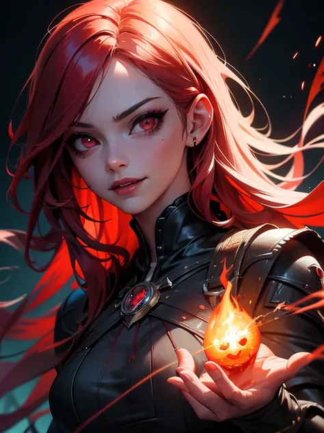 1girl, detailed face, beautiful detailed eyes, beautiful detailed lips, extremely detailed face and eyes, long eyelashes, red eyes, fire witch, blood on face, flying hair, light particles, lightning rays, colorful, high contrast, vampire, smirk, evil smile...