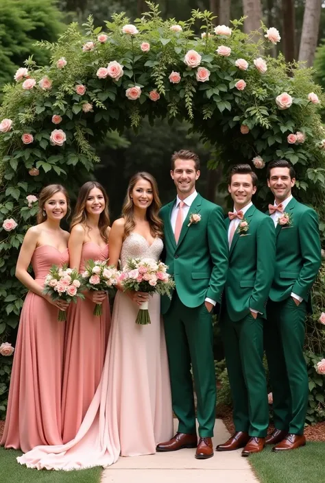 Create a salmon pink and green wedding with bridesmaids and groomsmen wearing the colors 