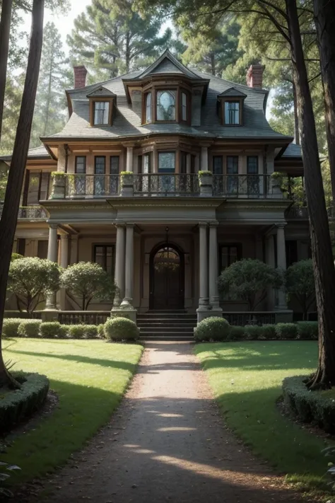 Create an image of a mansion inside a forest