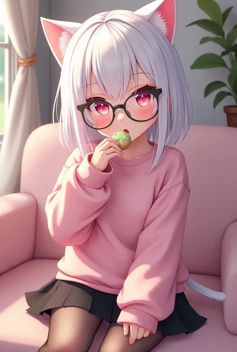 that she has a shy face that she has white hair, cat ears, black glasses, pink eyes, a super blushed pink sweatshirt, a low skirt, black shorts, black mesh stockings that she is a super reserved girl sitting eating cookies