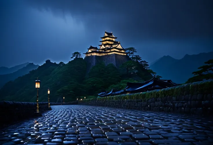 In Japans Sengoku period, on a stormy, rain-soaked night, the eternal castle standing between the mountains shines like a divine presence. Its enchanting light emerges from the darkness, captivating and instilling fear in those who behold it. The wet cobbl...