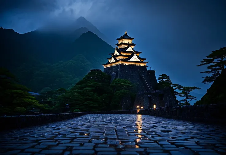 In Japans Sengoku period, on a stormy, rain-soaked night, the eternal castle standing between the mountains shines like a divine presence. Its enchanting light emerges from the darkness, captivating and instilling fear in those who behold it. The wet cobbl...