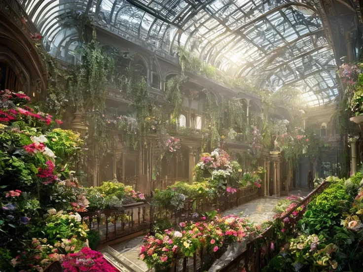 A grand greenhouse interior in victorian style, lots of exotic flowers and staircases, soft eerie light, insidious movie vibes, high chaos, intricate work by Johan Grenier style, Alyssa Monks style