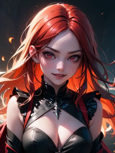 1girl, detailed eyes, detailed face, beautiful detailed lips, extremely detailed face and eyes, long eyelashes, fire witch, red eyes, blood on face, flying hair, cleavage, light particles, lightning rays, colorful, high contrast, vampire, smirk, evil smile...