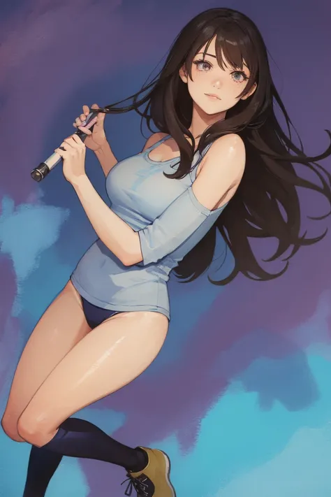 Full body, a woman with freckles, dark brown eyes, and an upturned nose, she is happy, she has long wavy black hair, wearing aviator sunglasses with clear lenses in a soft watercolor style. The girl must be in pink, purple, and blue in celebration of the b...