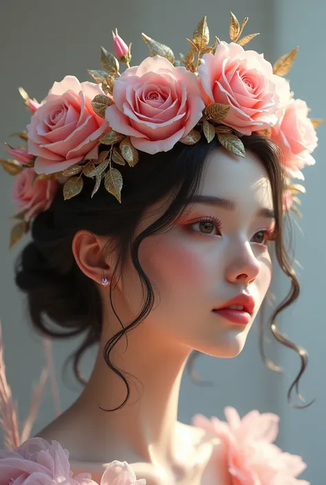 A realistic fairy crown, with pink and pastel pink and glitter, where you can clearly see how it is composed, beautiful, with brighter ones, with different shades of roses, lighter and darker , on the head of a model that shows a nice shape, and striking, ...