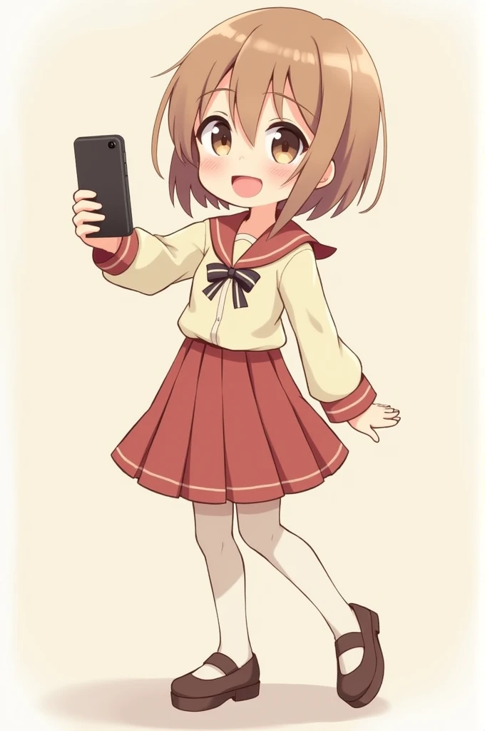 A short anime girl, light brown color, Shoulder length hair with brown highlights, happy smile, Black eyes with light reflections, dressed in a cream white blouse, schoolgirl skirt, long stockings and short-heeled shoes, taking selfie