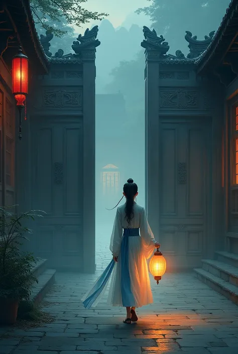 A real person in ancient China during the Tang Dynasty, Han Fu. A young woman in a white and blue dress is walking with a lantern on a city street, stopping in front of the gate of a large mansion. The atmosphere is dark and quiet, with only the light from...