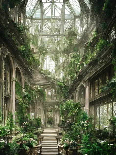 A grand greenhouse interior in victorian style, lots of plants and staircases, soft eerie light, insidious movie vibes, high chaos, intricate work by Johan Grenier style, Alyssa Monks style