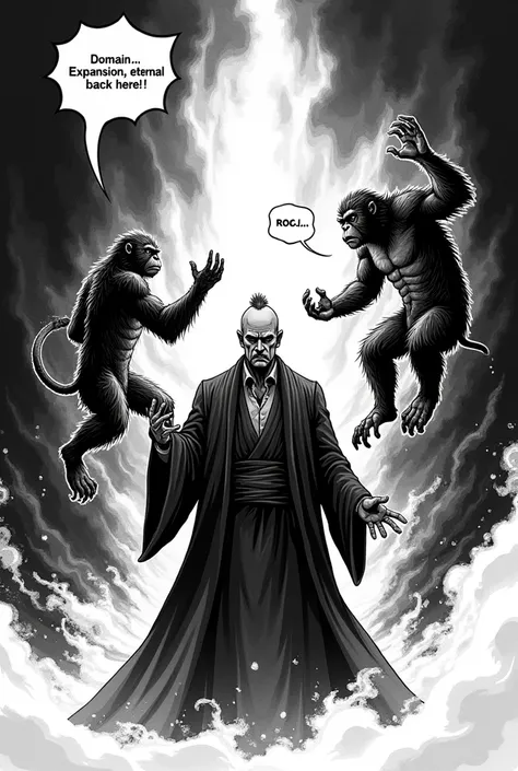  man with M-type baldness, making a symbol with his hand, with a gorilla and a monkey behind him as summoned creatures, he is saying with Manga speech balloon "domain expansion, eternal monkey, come back here"., black and white manga art, jujutsuo kaisen s...