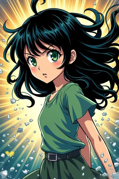 Jojos Bizzare Adventure anime-style comic panel: Girl whit black hair, Green eyes, White skin like snow