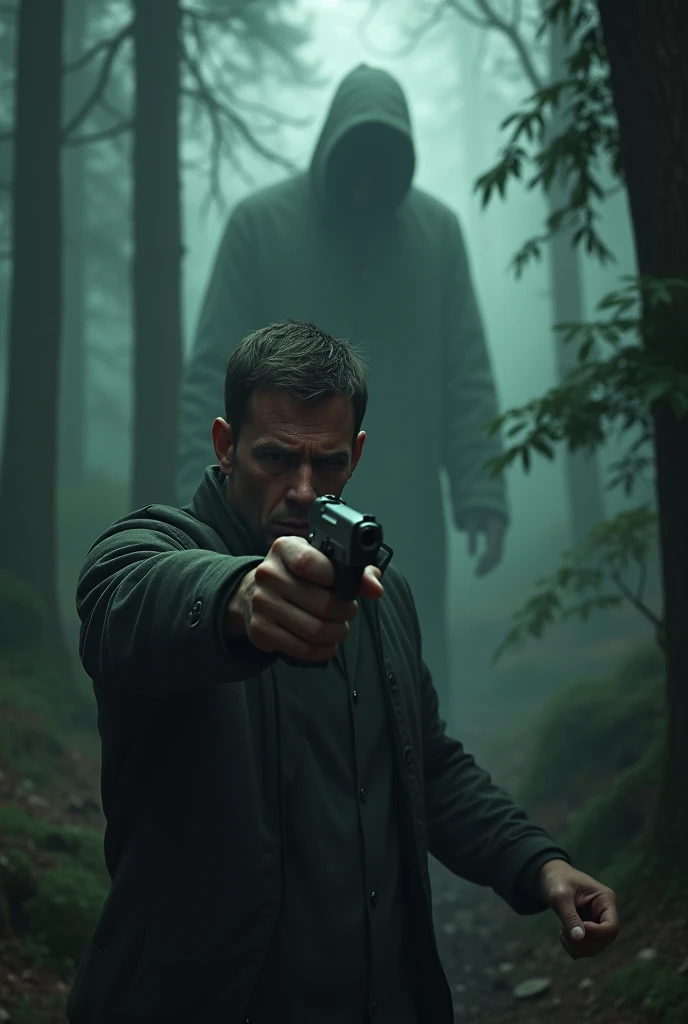 A man in a forest very scared and armed with a pistol, in the background a terrifying spirit watching the movements of the forest 