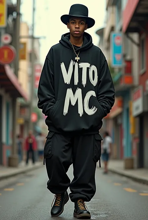 Hip hop Charles Chaplin baggy clothes with letters that say Vito Mc 