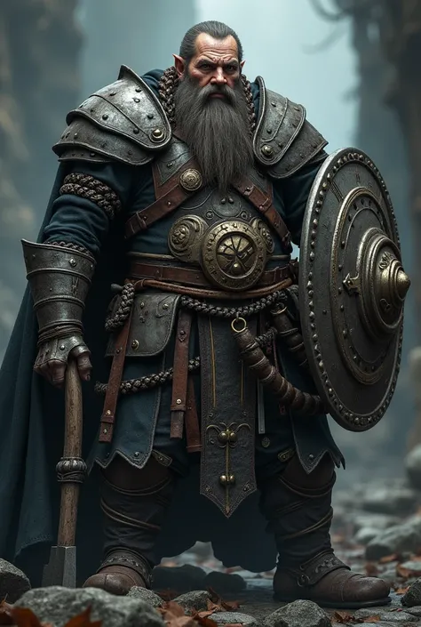 A gloomy, grim fantasy dwarf in full chain armour, middle aged man, with long beard and long hair, which are braided and decorated with iron rings, holds a battle axe in one hand and a shield in the other