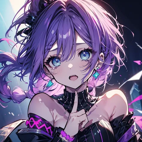 1 person、Mature、Ample breasts、Long Hair、Purple Hair、ponytail、Braid、Emerald green eyes、Black costume、Shoulder Bare、Earrings、choker、bracelet、Punk fashion、Diva、sing、to tears、Open Mouth、Like shouting、painful、Blue Spotlight、High resolution、Highest quality