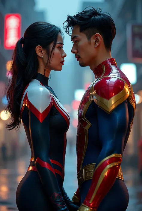 Create an image where a Korean woman wears a black and white spiderman suit, and a Korean man wearing a red and gold Iron-Spiderman superhero suit, In the image you have to see only half of his body, and the background is night, and stand next to each othe...