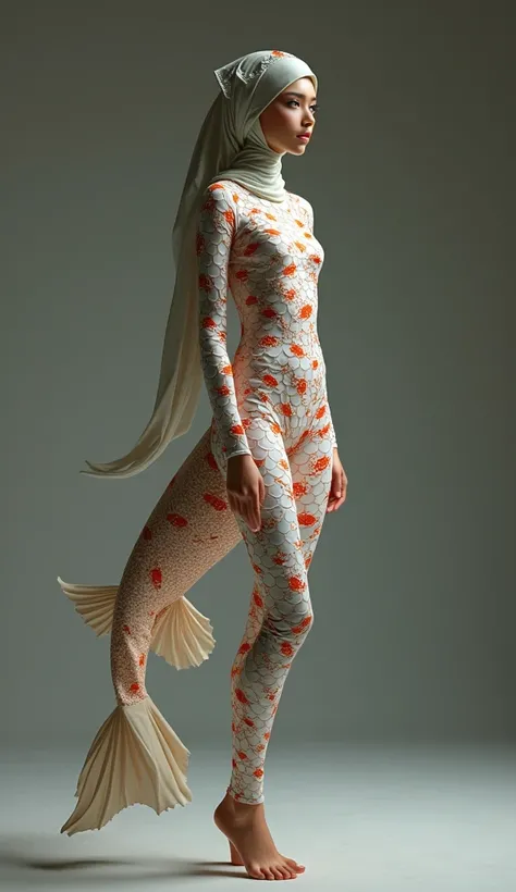 The beautiful,slender thin and clever malaysian muslimah adult girl with beautiful cheeks wears  koi fish animal costume lycra turtleneck unitard catsuit covered with scales and  koi fish lycra elastane stretchy dancewear square hijab covered with scales.S...