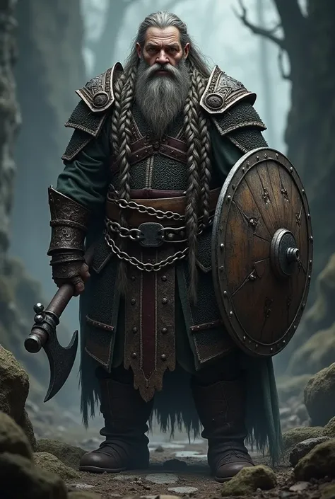 A gloomy, grim fantasy dwarf in full chain armour, middle aged man, with long beard and long hair, which are braided and decorated with iron rings, holds a battle axe in one hand and a shield in the other