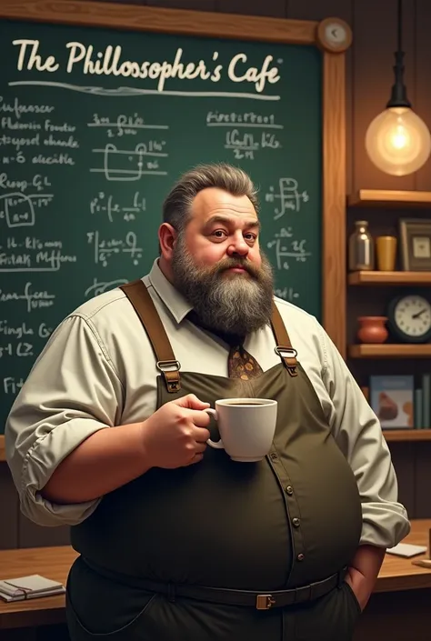 generate a fat teacher with small barba com alguns fiapos holding a cup with coffee with a text above him saying "the philosopher&#39;s cafe" and a whiteboard with math things behind it