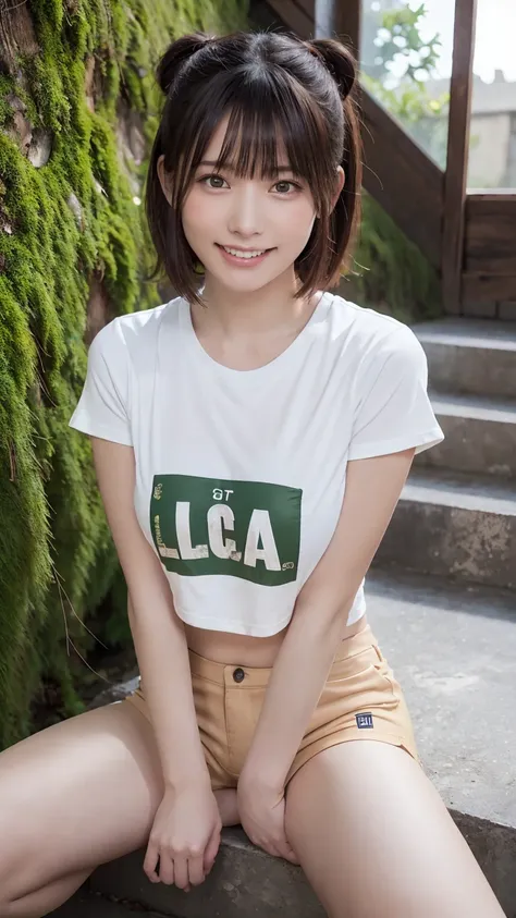 beautiful girl, (Cropped logo T-shirt:1.3, low-rise hot pants:1.3), (16yo:1.3), break, (Beautiful moss-covered stairs:1.2), break, Shy laugh, Very beautiful eyes, (Symmetrical eyes:1.3), break, (D cup Breasts:1.2), Brown eyes, Parted bangs, Brown plait hai...