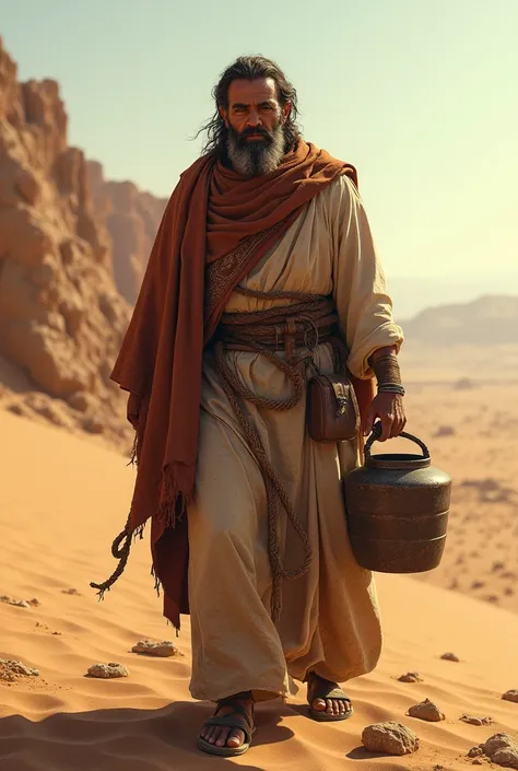 a man in the desert in old bible time clothes, holding a
empty thirsty reservoir
