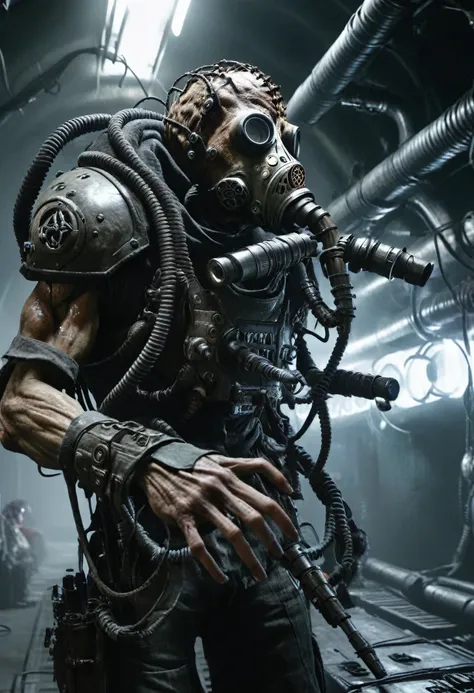 a biomechanical humanoid monster, enormous, in the tunnel, gas mask, cables, arm cannon, pikes, mask, armor, weapon turrets, dar...