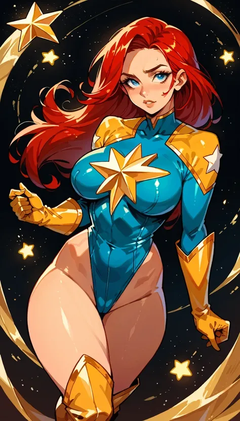 score_9, score_8_up, score_7_up, score_6_up, score_5_up, score_4_up, Sexy, Superheroine, Red hair, long hair, busty, curvy, ((blue highleg leotard with a t-back thong and a gold star insignia on chest)), gold boots, gold gloves