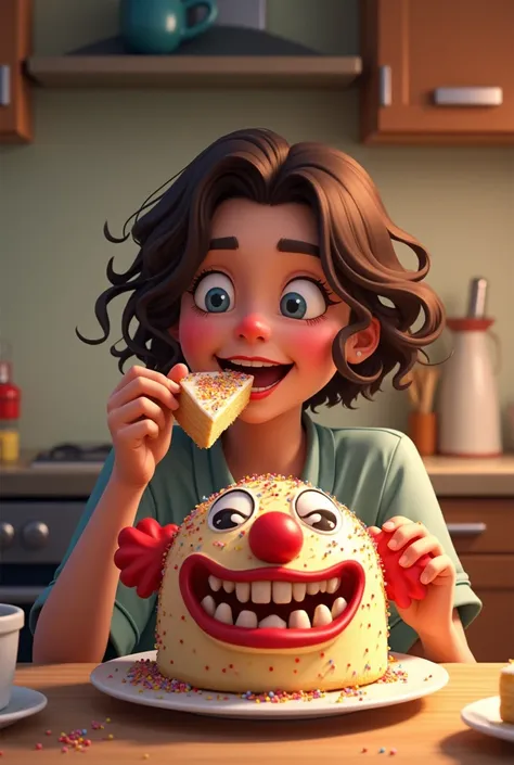 I want an image of a person eating a clown-shaped cake