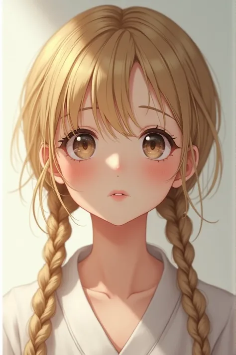 Realistic Japanese girl with blonde braids looking cutely.