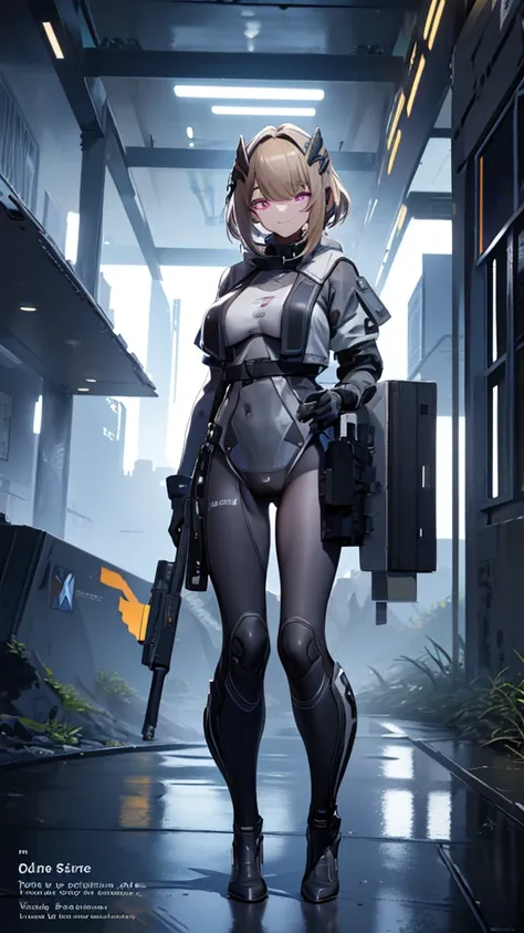 the alone young short light brown hair with purple eye woman as the lone character, stand alone holding a sci-fi pistol and sci-...