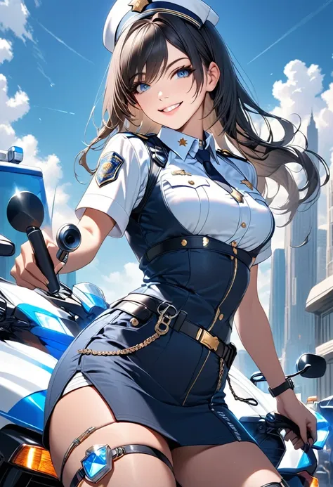 attractive police girl, holding a key, facing the camera, smiling, mini diamonds on her outfit, detailed image, hq quality, perf...