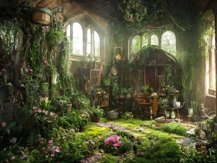 Inside a witchs cozy cottage decorated in victorian style, lots of plants and things, eerie atmosphere, soft volumetric light, high chaos, intricate work by Johan Grenier style, Alyssa Monks style