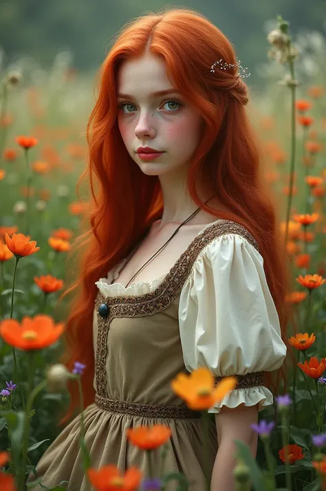 A beautiful  girl in the middle of a field of flowers, the girl has red hair, one green eye and the other blue, she has white skin, red lips and pink cheeks, she is dressed in a peasant dress from the Middle Ages. 