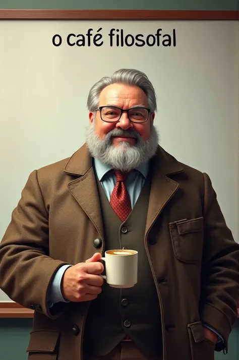 generate a fat teacher with beard holding a cup with coffee with a text above him saying "o café filosofal"(its literally a text above him please just do that) and a quadro branco atrás dele