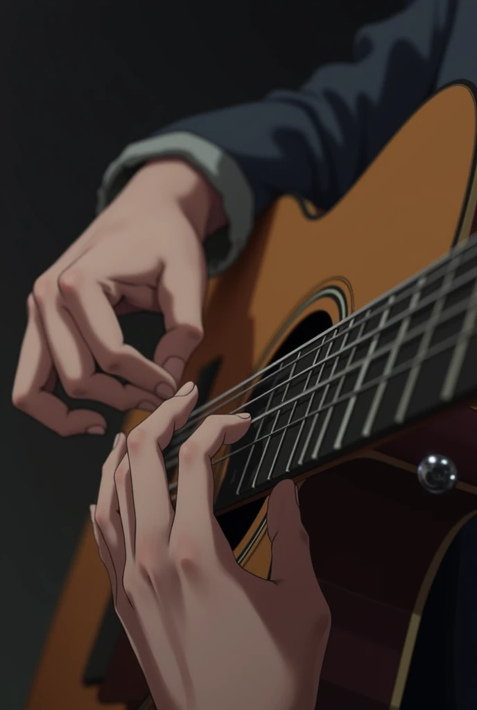 Close-up of Miyu&#39;s hands playing the guitar strings. The scene conveys concentration and skill